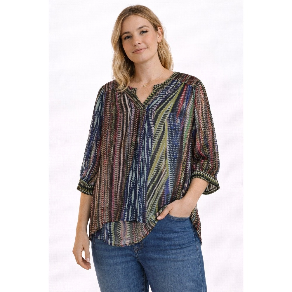 Allison Taylor Blouse Womens Small Multi Color Abstract Print V-Neck Boho Top